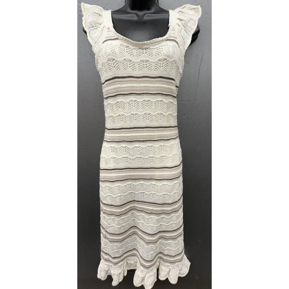 Womens Sweater Dress S Cream Knit Crochet‎ Ruffle Boho Cottage Coquette Y2K